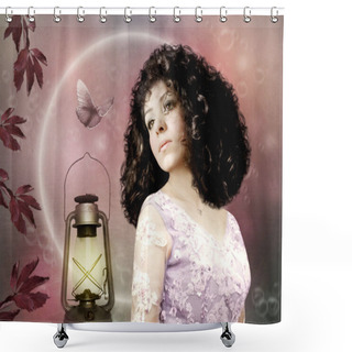 Personality  A Young Girl With Dreamy Eyes In The Light Of A Lamp Looks At A Butterfly Against The Background Of The Moon Shower Curtains