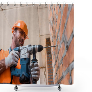 Personality  Handsome Man In Earphones Holding Hammer Drill Near Brick Wall Shower Curtains
