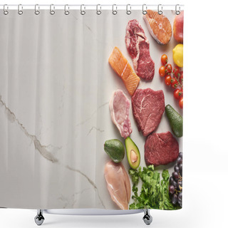 Personality  Top View Of Assorted Meat, Poultry And Fish Near Parsley, Grapes, Cherry Tomatoes, Avocados, Apple And Lemon On Gray Marble Surface Shower Curtains