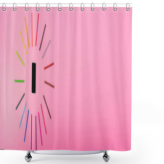 Personality  Top View Of Smartphone With Blank Screen In Frame Of Color Felt-tip Pens On Pink, Panoramic Concept Shower Curtains