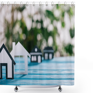 Personality  Selective Focus Of Black And White Paper Houses On Blue Wooden Desk, Mortgage Concept Shower Curtains