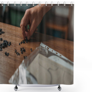 Personality  Cropped View Of Shoemaker Taking Rivets From Wooden Desk Shower Curtains