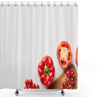 Personality  Top View Of Red Organic Vegetables And Wooden Chopping Board On White Background Shower Curtains