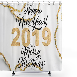 Personality  Top View Of 2019 Year Sign Made Of Golden Glitters And Garlands On White Backdrop With 