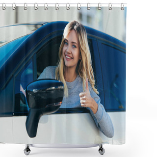 Personality  Portrait Of Blond Smiling Woman Showing Thumb Up While Driving Car Shower Curtains