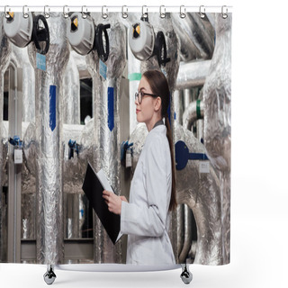 Personality  Attractive Engineer In White Coat And Glasses Holding Black Folder Near Air Compressed System  Shower Curtains