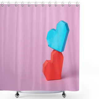 Personality  Red And Blue Paper Hearts On Pink With Copy Space  Shower Curtains