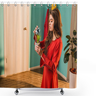 Personality  Side View Of Old-fashioned Woman In Red Dress Watering Potted Plant With Small Watering Can At Home Shower Curtains