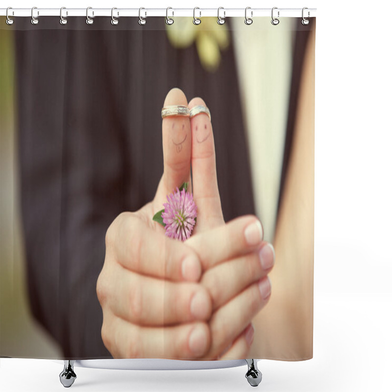 Personality  Wedding Rings On Her Fingers Painted With The Bride And Groom, F Shower Curtains