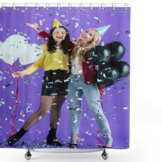 Personality  Happy Girls In Party Hats Posing With Balloons Under Sparkle Confetti On Purple Background Shower Curtains
