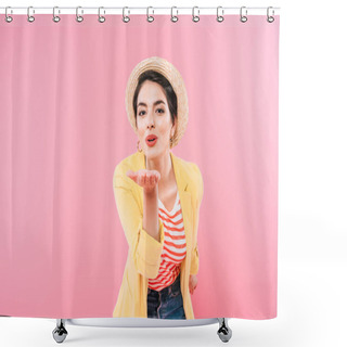 Personality  Cheerful Mixed Race Woman Sending Air Kiss At Camera Isolated On Pink Shower Curtains