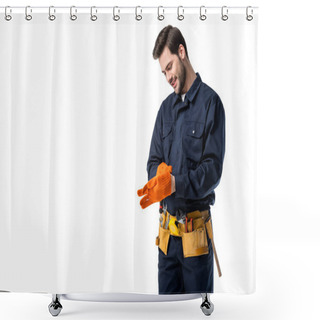 Personality  Smiling Plumber In Uniform Wearing Protective Gloves Isolated On White Shower Curtains