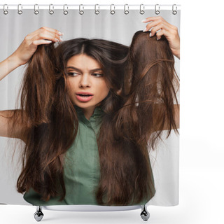 Personality  Dissatisfied Young Woman Looking At Tangled Long Hair Isolated On Grey  Shower Curtains