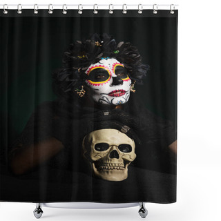 Personality  Woman In Mexican Day Of Dead Makeup Holding Skull On Dark Green Background  Shower Curtains