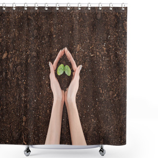 Personality  Cropped View Of Woman Holding Ground With Green Plant In Hands, Protecting Nature Concept  Shower Curtains