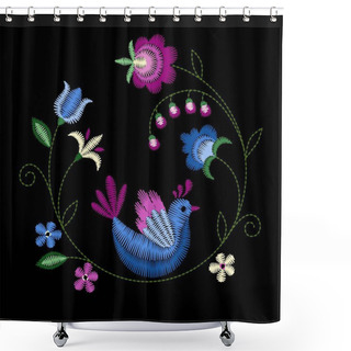 Personality  Embroidery Stitches With Swallow Birds, Wild Flowers For Neckline. Fashion Embroidered Ornament For Textile, Fabric Traditional Folk Decoration. Vector Illustration. Shower Curtains