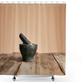 Personality  Grey Stone Mortar On Wooden Table Isolated On Brown Shower Curtains