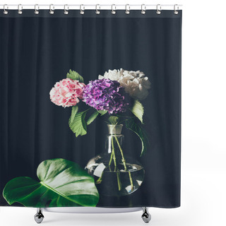 Personality  Pink, White And Purple Hortensia Flowers In Vase With Monstera Leaf, On Black Shower Curtains