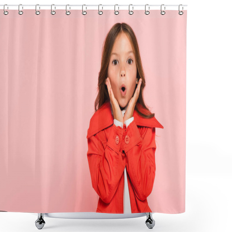 Personality  Astonished Girl Touching Face While Looking At Camera Isolated On Pink Shower Curtains