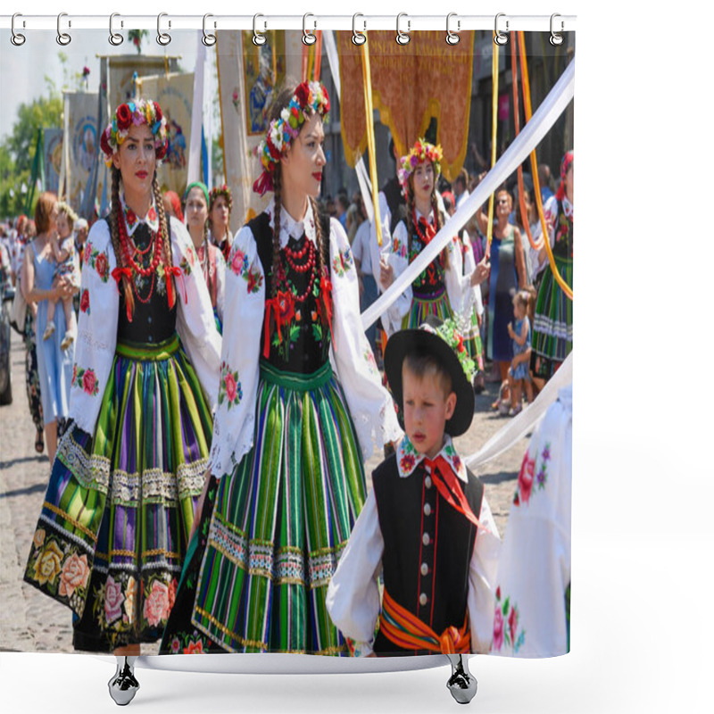 Personality  Lowicz / Poland - May 31.2018: Corpus Christi Church Holiday Procession. Local  Women Dressed In Folk, Regional Costumes With Colorful Stripes, Embroidered Folklore Symbols, White Shirts. Sunny Day.  Shower Curtains
