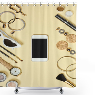 Personality  Top View Of Watch, Bracelets, Earrings, Sunglasses, Eyeshadow, Blush, Cosmetic Brushes, Mascara And Smartphone With Copy Space Shower Curtains