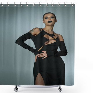 Personality  Tattooed Woman With Dark Creepy Makeup Wearing Black Halloween Costume And Looking At Camera On Grey Shower Curtains