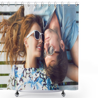 Personality  Portrait Of Young Perfect Couple Lying Shower Curtains