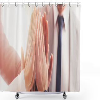 Personality  Close-up Partial View Of Professional  Business Team Giving High Five In Office Shower Curtains