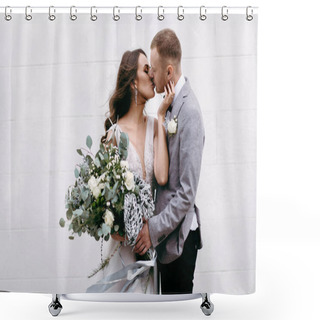 Personality  Closeup Of Lovely Newlyweds Kissing In Garden Shower Curtains