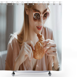 Personality  Girl With Croissant In Cafe Shower Curtains
