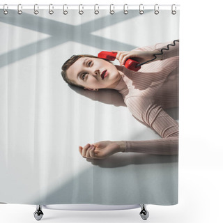 Personality  Girl With Vintage Phone Tube Shower Curtains
