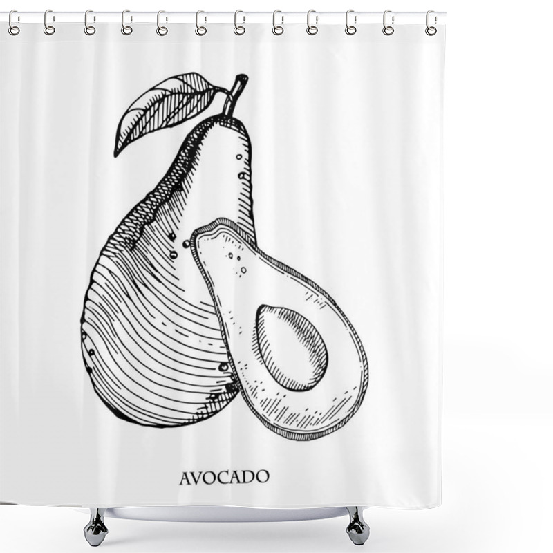 Personality  Avocado Hand Drawn Vector Illustration.Detailed Engraving Style Sketch.Tropical Summer Fruit, Isolated On The White Background. Shower Curtains