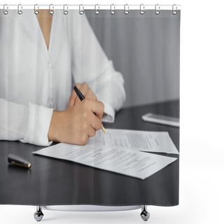 Personality  Woman Signing Last Will And Testament, Closeup Shower Curtains