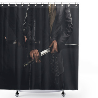 Personality  Cropped Shot Of Modern Samurai Taking Out Their Swords Isolated On Black Shower Curtains