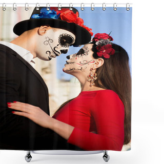 Personality  A Couple, Wearing Skull Make-up For. All Souls Day. Boy And Girl Sugar Skull Makeup.painted For Halloween Standing On The Street. Dead In The City. Zombie Walk.day Of The Dead Holiday In Mexico Shower Curtains