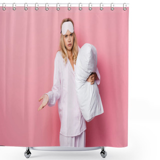 Personality  Confused Woman In Blindfold And Pajamas Holding Pillow And Showing Shrug Gesture On Pink Background Shower Curtains