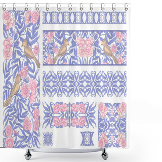 Personality  Floral Pattern With Birds In Art Nouveau Style, Vintage, Old, Retro Style. Set Of Decorative Elements For Design. Colored Vector Illustration. Isolated On White Background. In Soft Blue And Pink Color Shower Curtains