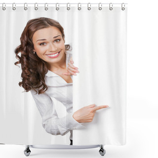 Personality  Business Woman Showing Blank Signboard Shower Curtains