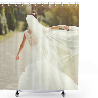 Personality  Happy Brunette Bride Spinning Around With Veil Shower Curtains