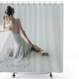 Personality  Back View Of Elegant Ballerina Sitting In White Dress And Ballet Shoes Shower Curtains