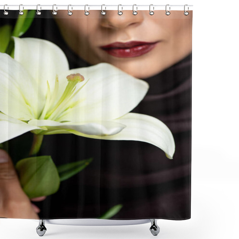 Personality  Cropped View Of Beautiful Muslim Woman In Hijab With Red Lips Holding Lily Isolated On Black Shower Curtains