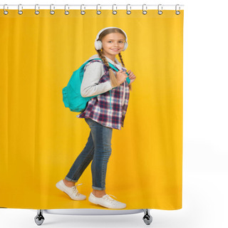 Personality  Student. Modern Education. Energetic Cheerful Teen Listening Music. Stylish Schoolgirl Going To School. Girl Little Fashionable Girl With Backpack. School Life. Happy Carefree Child. School Classes Shower Curtains