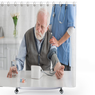 Personality  Nurse Measuring Blood Pressure Of Calm Grey Haired Man  Shower Curtains