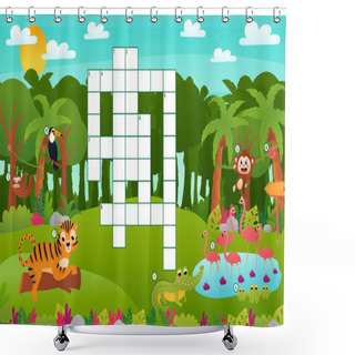 Personality  Printable Tropical Summer Crossword Worksheet For Kids With Jungle Animals And Landscape, Wildlife And Nature Shower Curtains