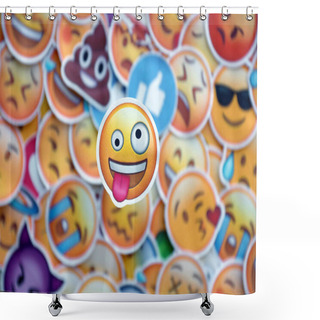 Personality  TERNOPIL, UKRAINE - APRIL 29, 2022: Large Set Of Stickers With Emoji Yellow Faces. Crazy Pictogram In Focus Zone Shower Curtains