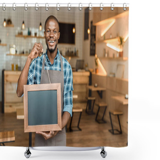 Personality  Owner Holding Empty Blackboard  Shower Curtains