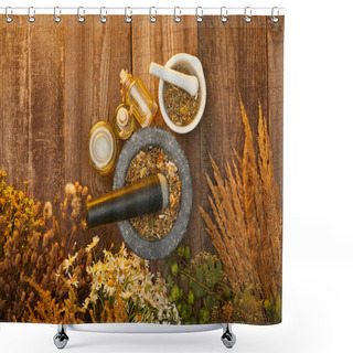 Personality  Top View Of Mortars And Bottles Near Wildflowers And Herbs On Wooden Surface With Copy Space Shower Curtains
