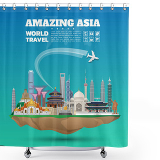 Personality  Asia Famous Landmark Paper Art. Global Travel And Journey Infographic. Vector Flat Design Template.vector/illustration.Can Be Used For Your Banner, Business, Education, Website Or Any Artwork. Shower Curtains