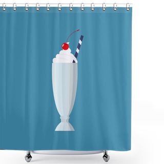 Personality  Flat Vector Illustration Of Old Fashioned Milkshake Cocktail With Whipped Cream And Cherry On Top. Isolated On Blue Background Shower Curtains
