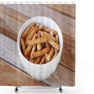 Personality  Small Breadsticks In A White Bowl On A Wooden Table Shower Curtains